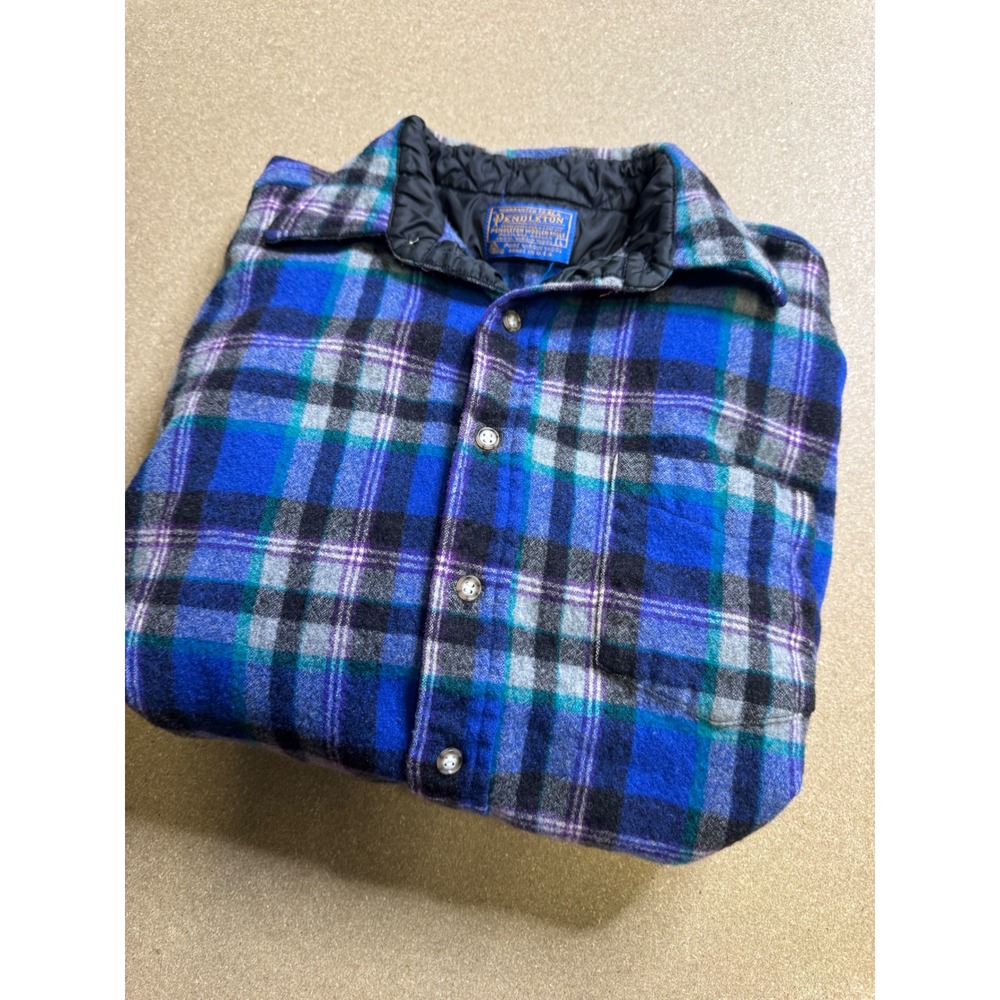 Pendleton Plaid Wool Shirt Jacket Men L Blue Black Teal Quilted‎ Lined Made USA